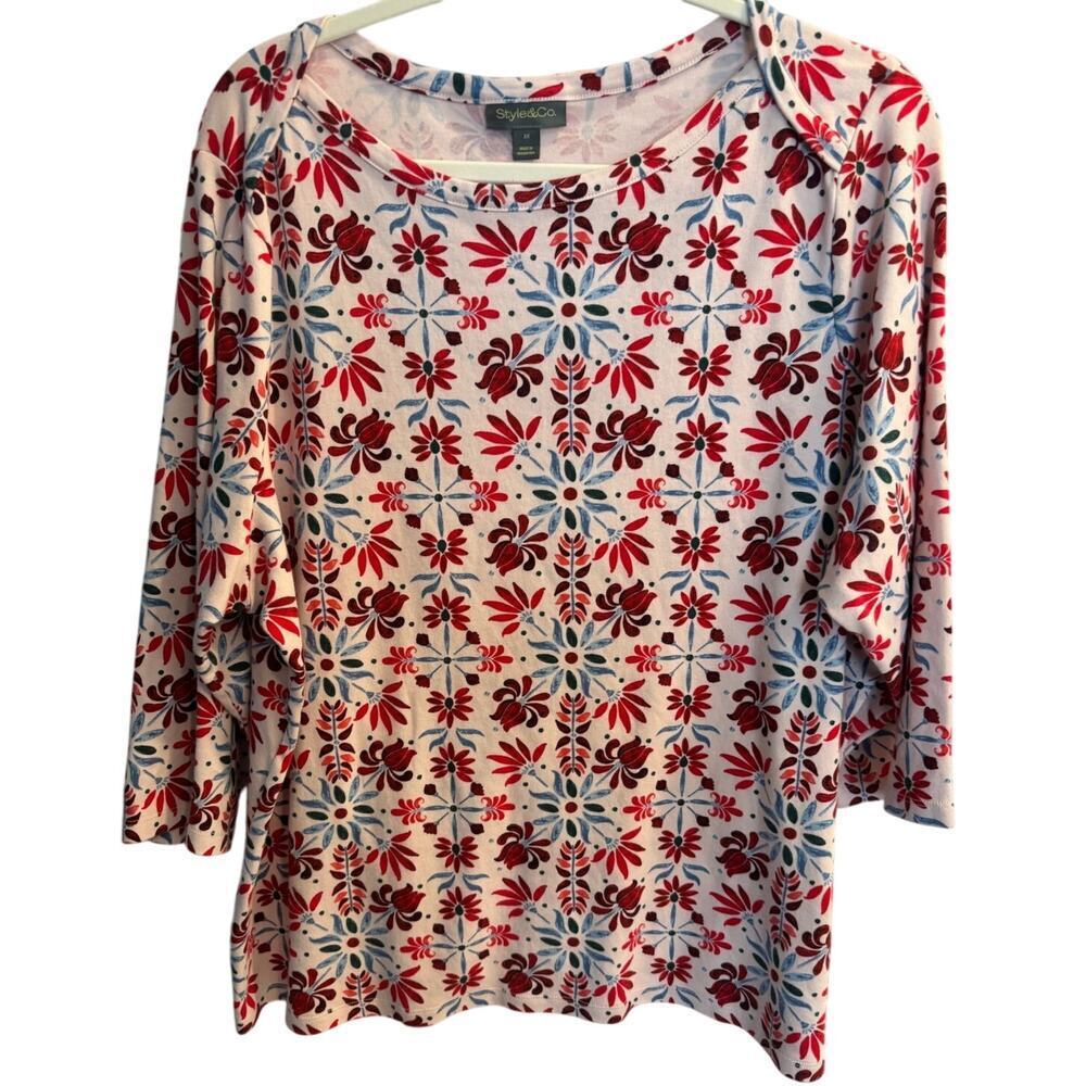 Style & Co 3X Plus Women's Geometric Floral 3/4 Sleeve Tee Shirt